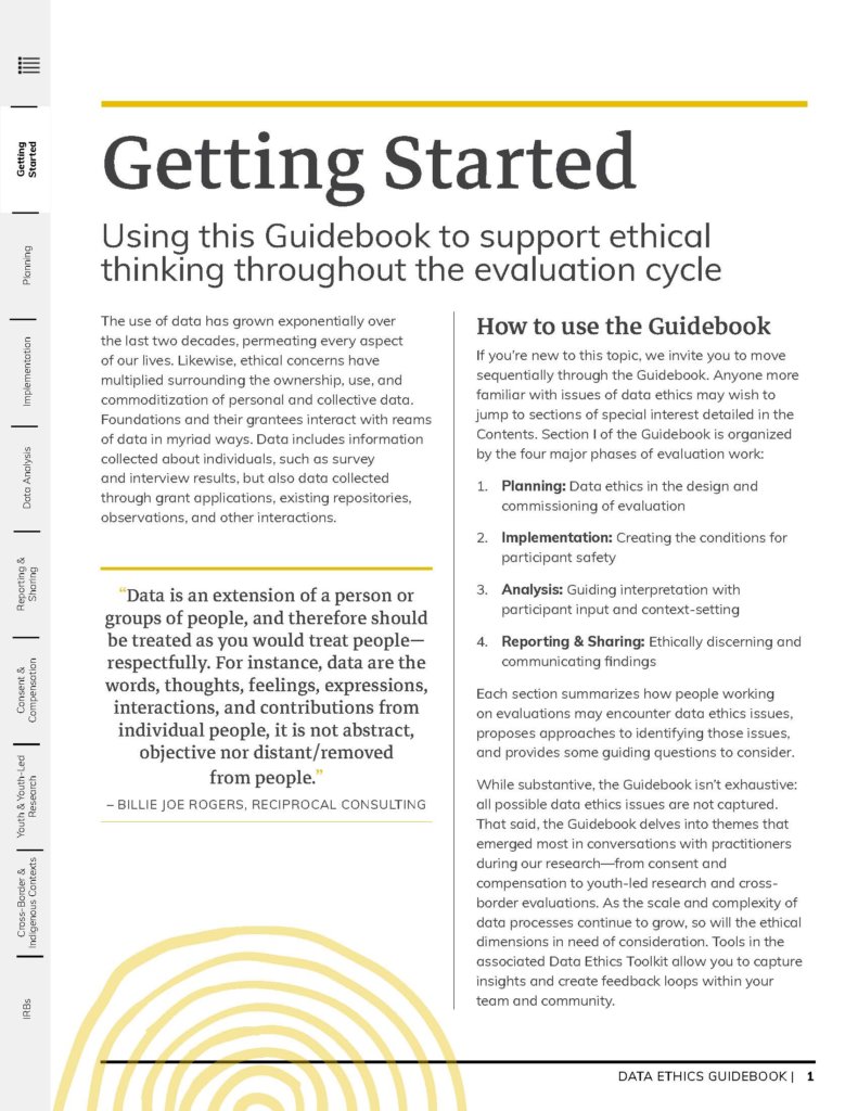 Page 4 of the Data Ethics Guidebook. Header is "Getting Started"
