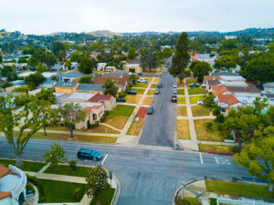 Stock aerial shot of a neighborhood.